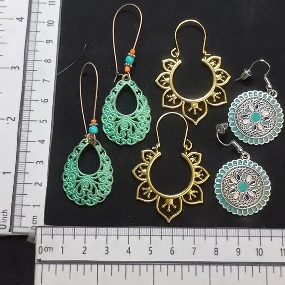 SALE! 3 PAIR EARRINGS, Ethnic SILVERY, BRONZE, PATINATED Blue Bunny BOHO BAUBLES - Picture 7 of 10